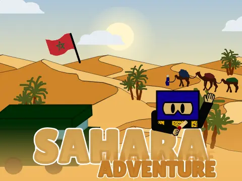 Sahara Adventure Platformer game logo featuring Aziz and Moroccan Sahara desert theme