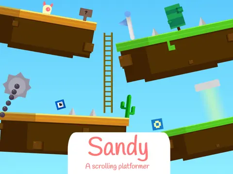 Sandy a scrolling platformer logo with desert and sawblades