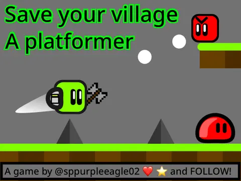 Save your village platformer logo cover featuring village defense with jump pads and axes