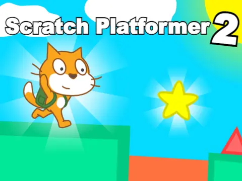 Scratch A Platformer 2 logo featuring the Scratch cat and coin collection challenge