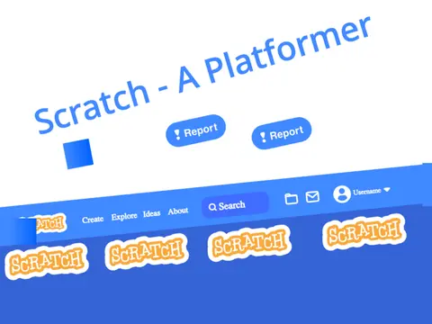 Scratch a platformer v5 logo cover featuring griffpatch boss fight logo and platformer design