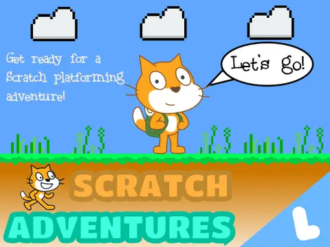 Scratch Adventures - a Platformer logo featuring Scratch Cat and adventure theme