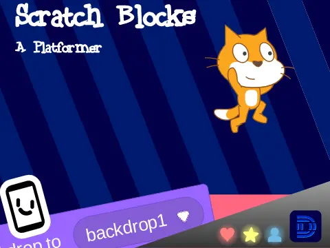 Scratch blocks themed platformer logo with bouncing icon and block terrain