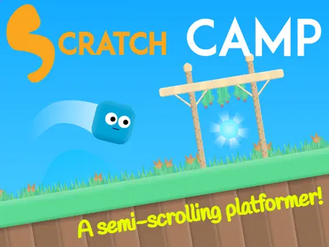 Scratch Camp semi-scrolling platformer logo with character selection and camp info