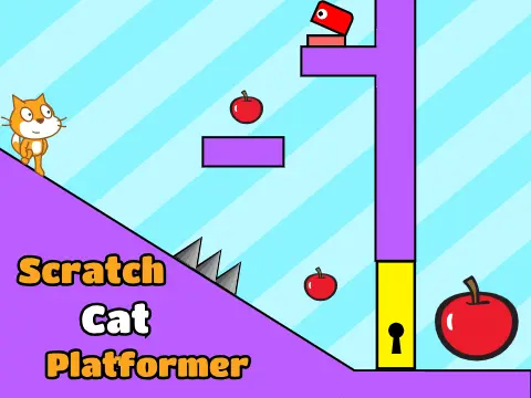 Scratch cat platformer logo cover featuring Scratch cat jumping over spikes and collecting bananas