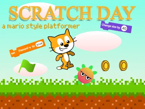 Scratch Day 2019 platformer logo - Mario style Scratch cat celebration