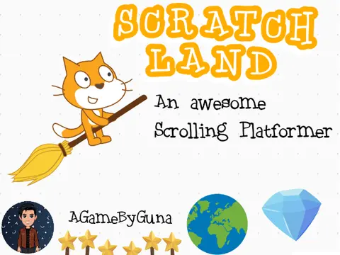 Scratch Land scrolling platformer logo with Scratch Cat adventure theme
