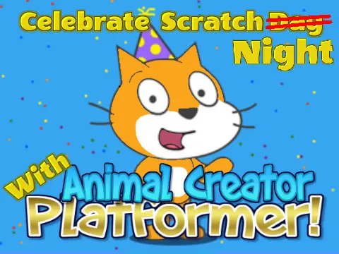 Scratch night animal creator platformer logo cover featuring double jump and chest collection for animal creation