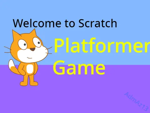 Scratch online platformer game logo cover featuring cat character, enemies, and checkpoints