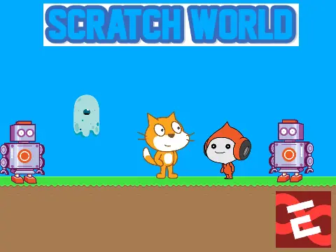 Scratch world scrolling platformer logo cover with Scratch Cat and gem collection
