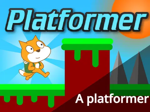 Scratchcat platformer logo cover featuring Scratch Cat and platforming hazards