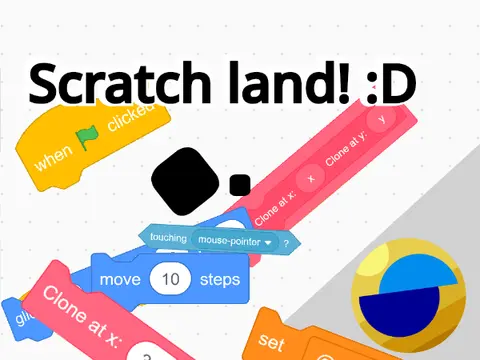 Scratchland scrolling platformer logo with crystal and platform elements