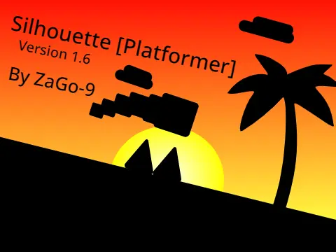 Silhouette platformer v1.6 logo cover featuring trail effects and silhouette clouds