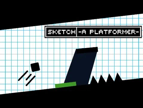 Sketch platformer logo featuring hand-drawn aesthetic and green bounce pads