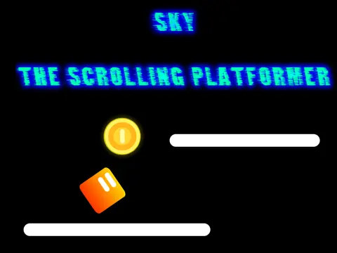 Sky scrolling platformer v1.5 logo with clouds and coins