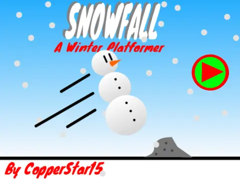 Snowfall winter platformer logo cover featuring snowman in snowy landscape