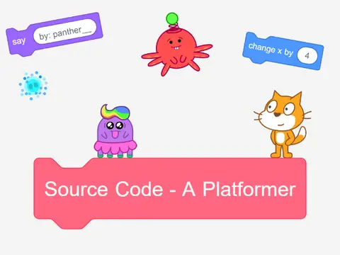 Source Code - A Platformer game logo featuring Scratch Cat