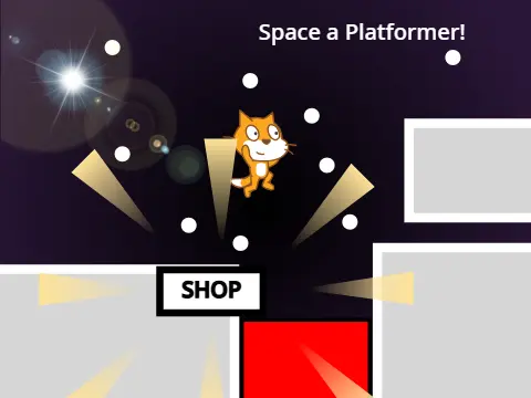 Space platformer with shop logo cover featuring space theme and apple currency