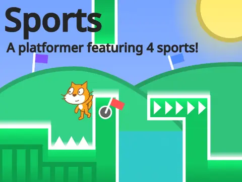 Sports platformer logo with Scratch Cat holding golf equipment on green field with spikes