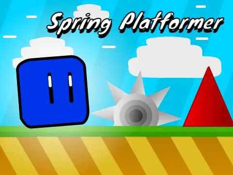 Spring platformer v3 logo cover featuring cube character with spring theme