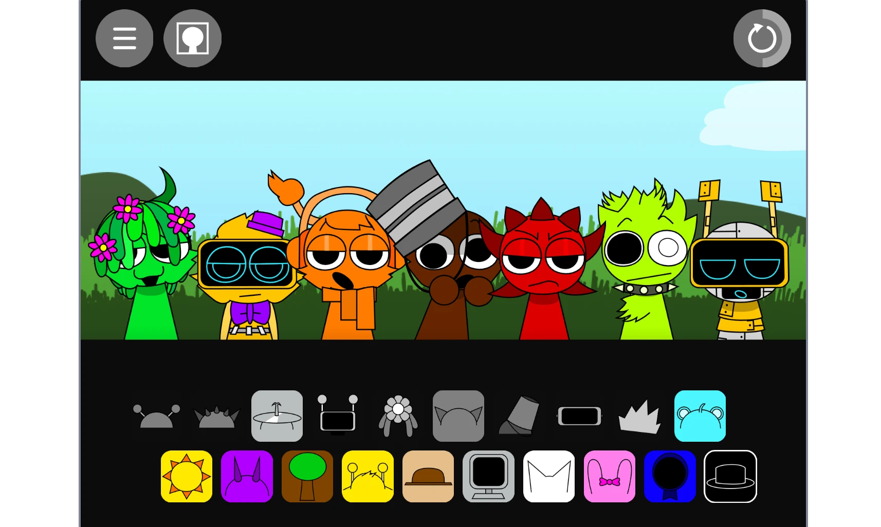 Sprunki But Cooler 2.0 music creation screen with multiple active characters