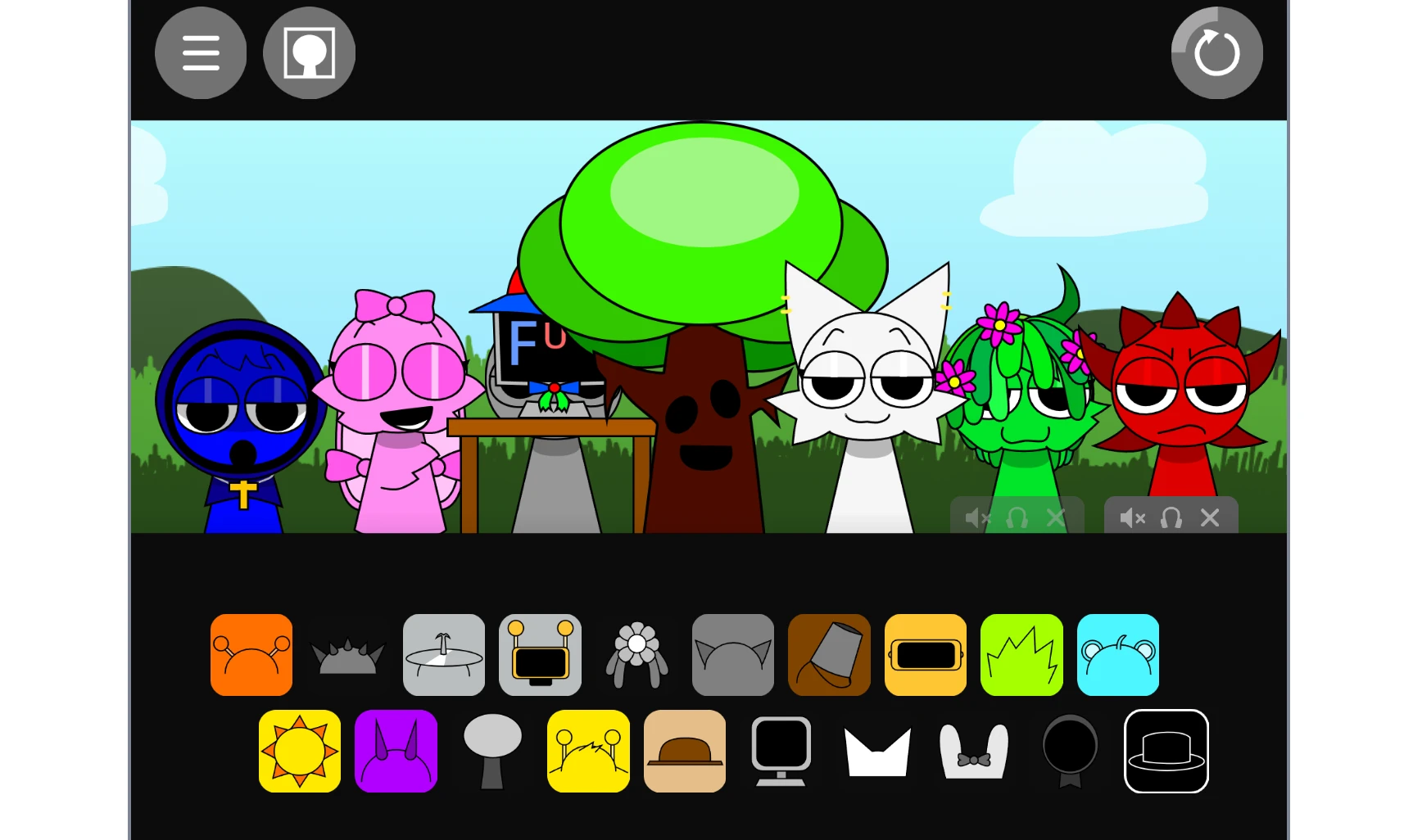 Sprunki But Cooler 2.0 showing different character sound options and mixing possibilities