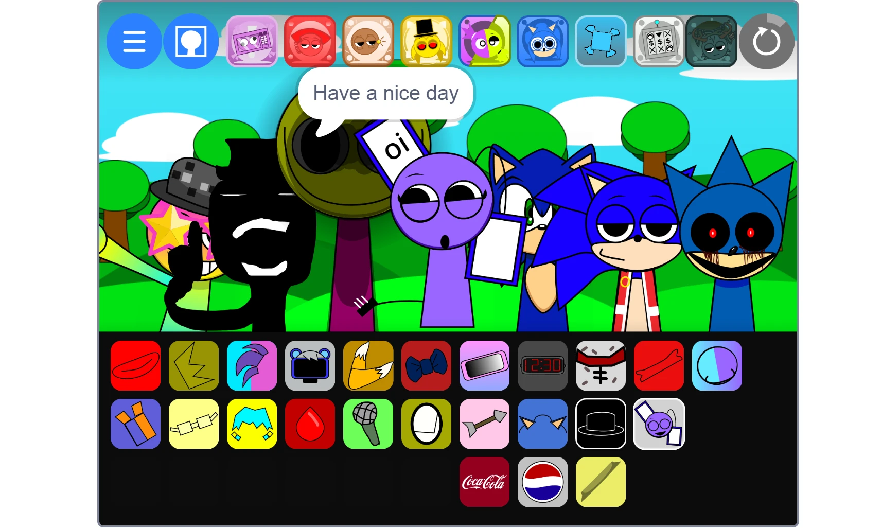 Music mixing interface with custom Sprunki characters