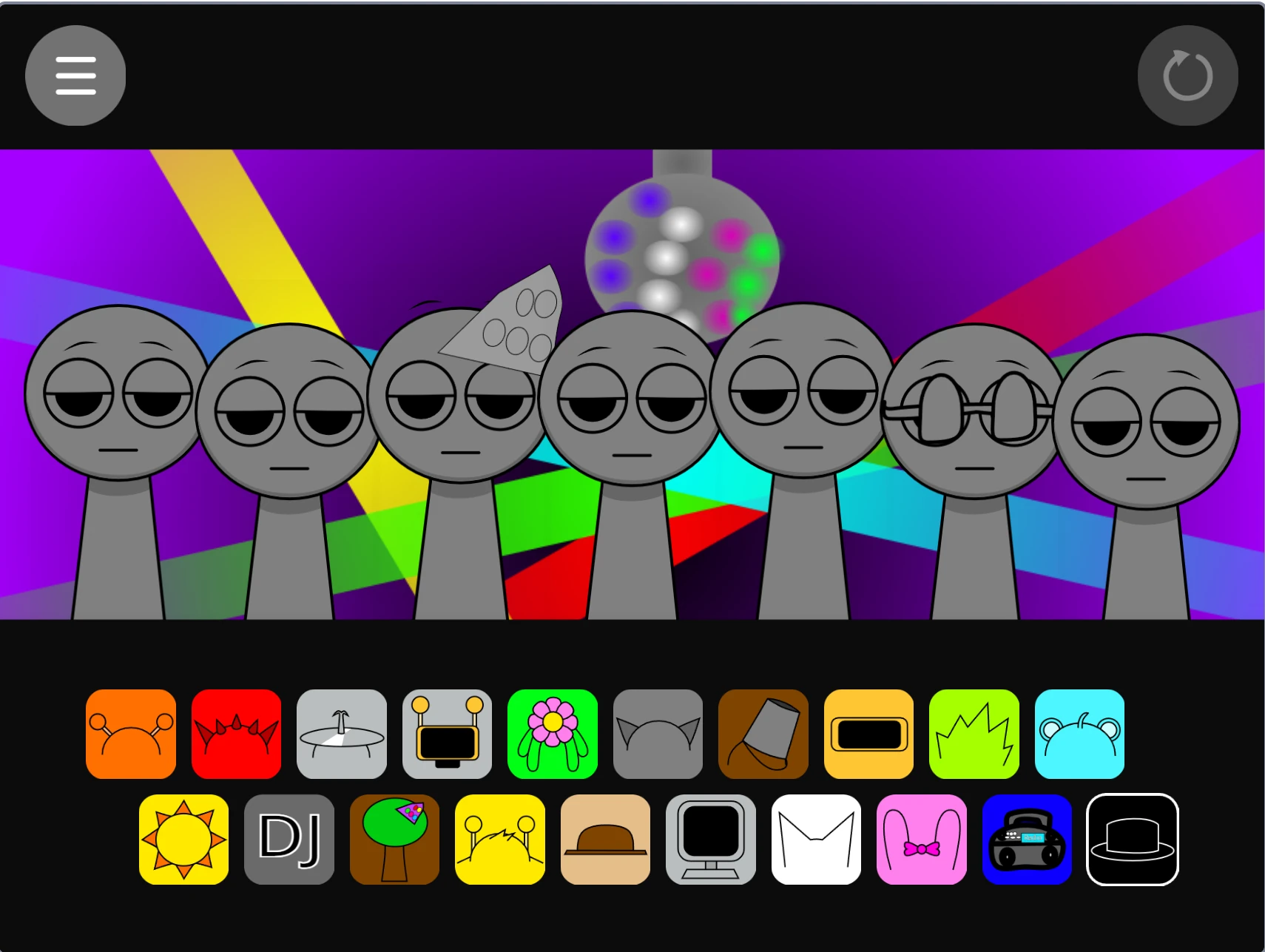 Sprunki Disco Party main interface with disco ball and dance floor