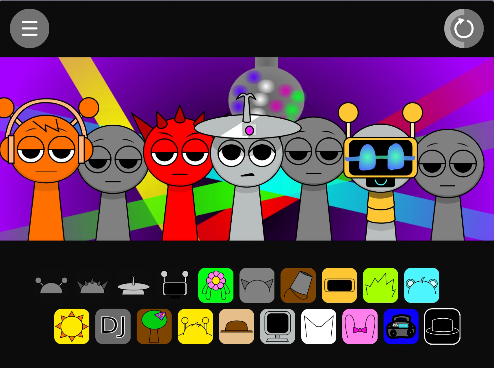 Sprunki Disco Party character selection with disco-themed outfits