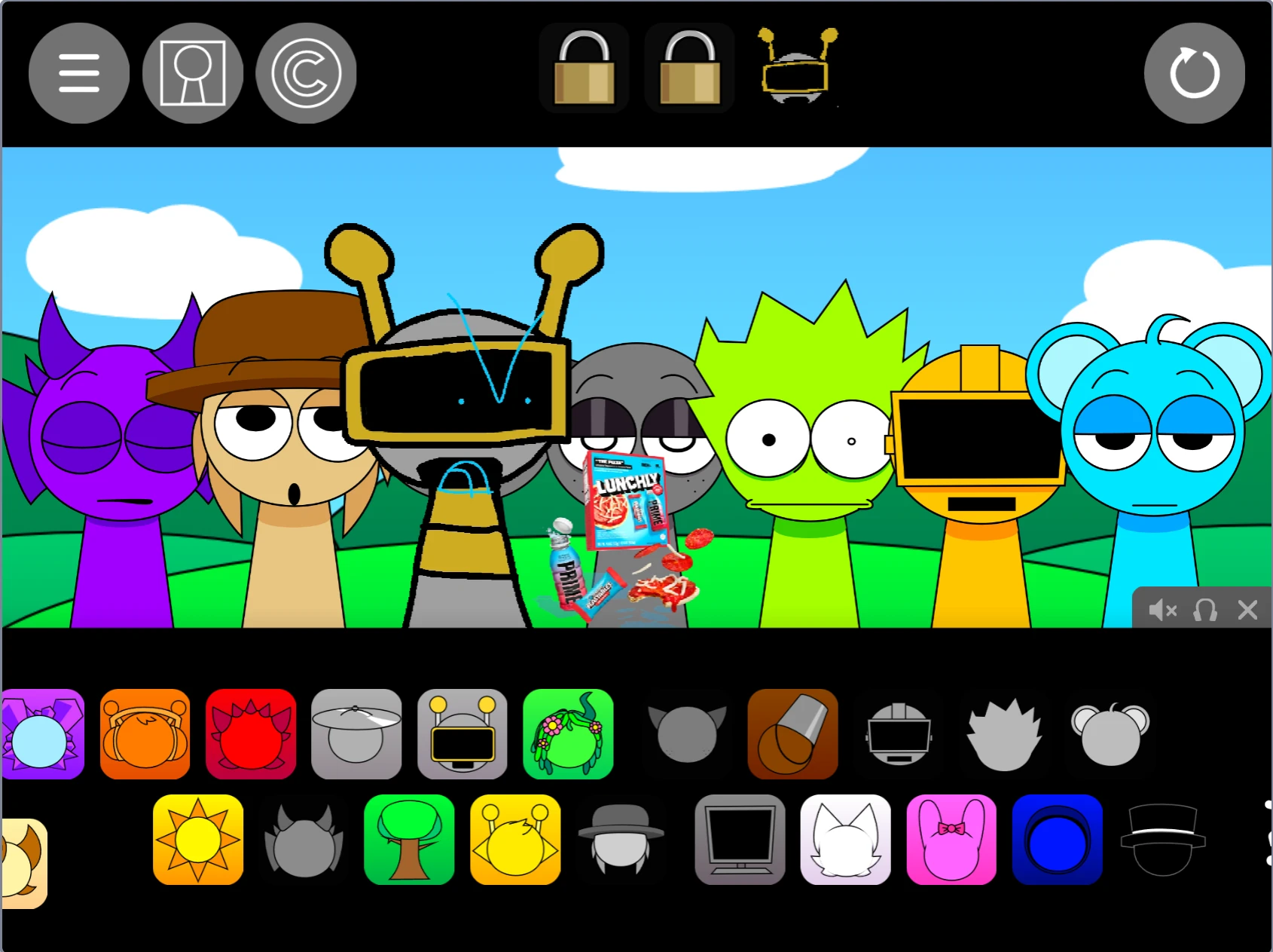 Animated characters making music in Sprunki Pyramixed