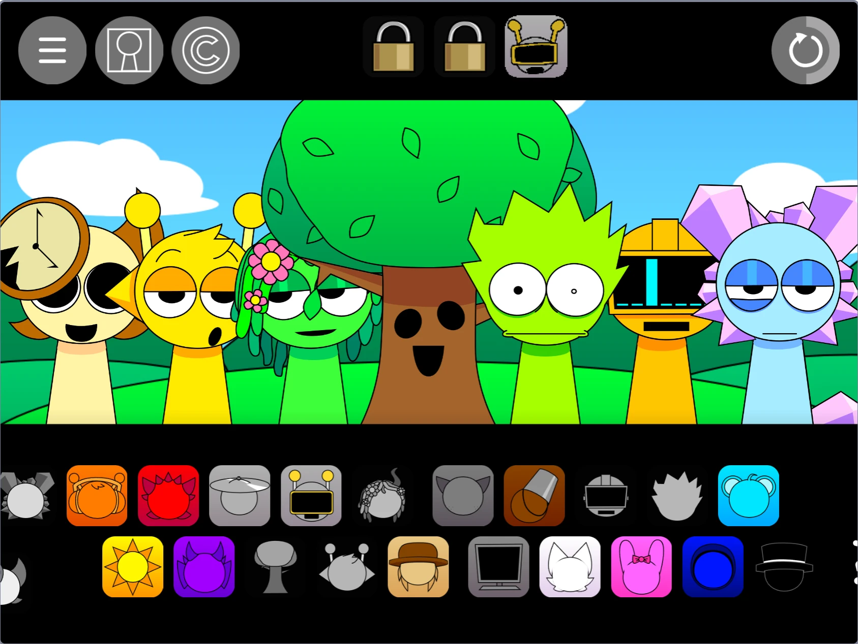 Multiple animated characters with different sound icons in Sprunki