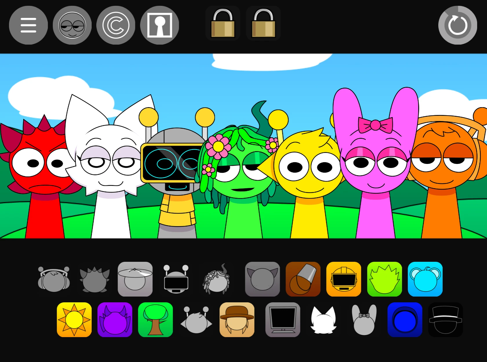 Sprunki Pyramixed 0.9 gameplay showing character selection and sound mixing