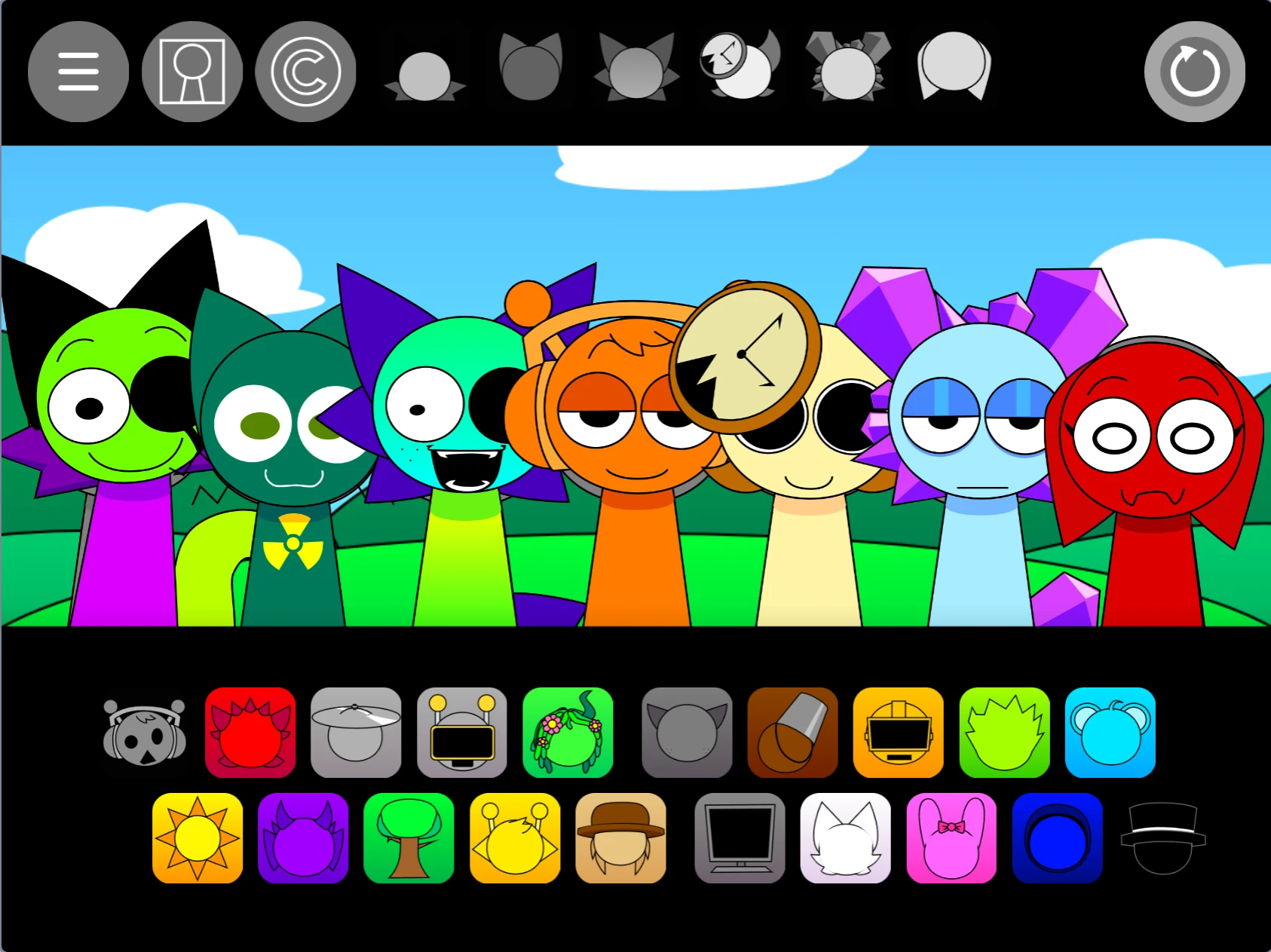 Sprunki Pyramixed 0.9 gameplay showing character selection and sound icons