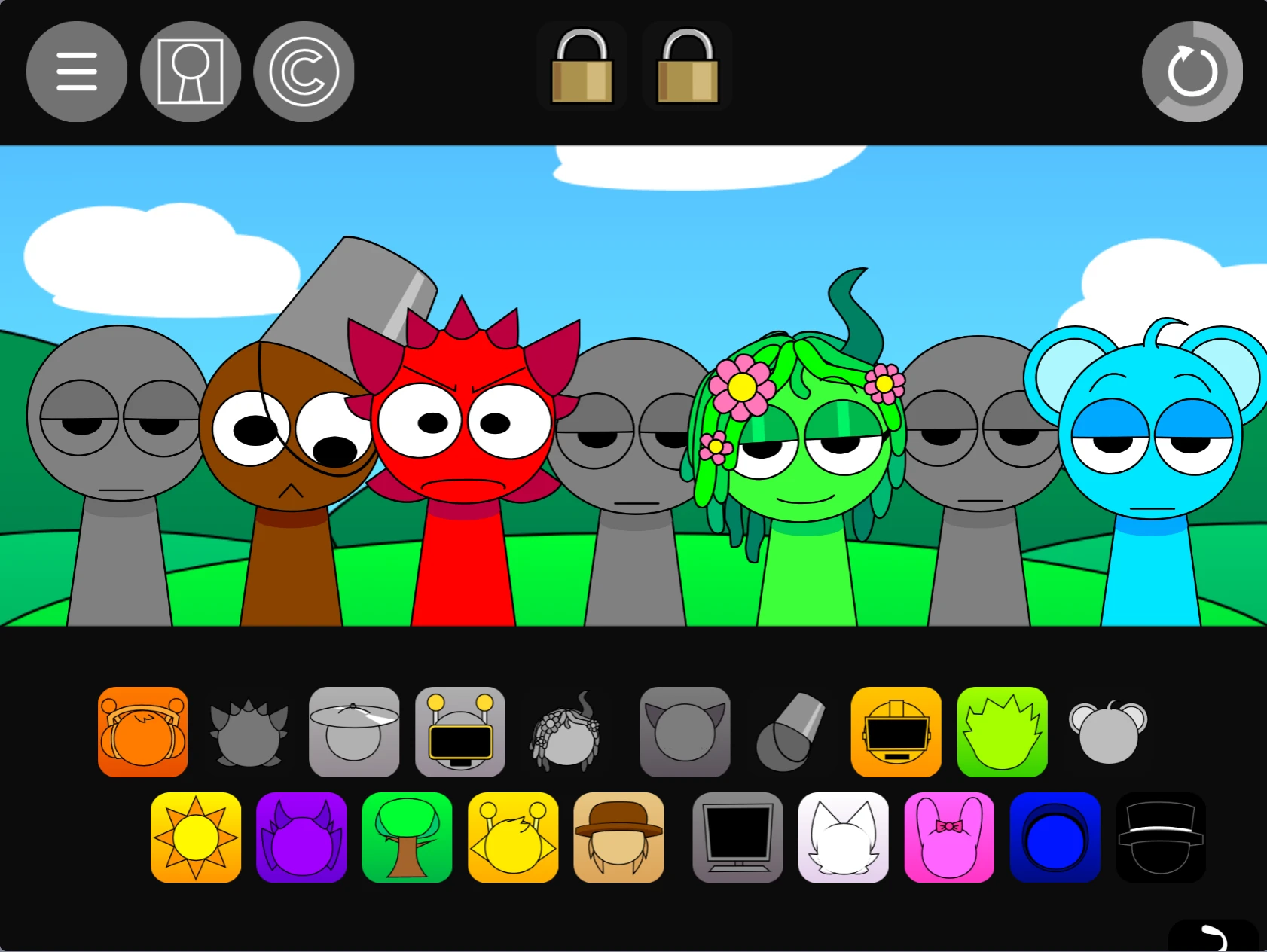Sprunki Pyramixed 0.9 Update gameplay screenshot showing character selection