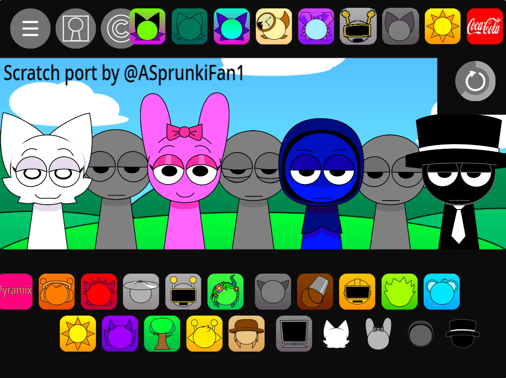 Sprunki Pyramixed 0.9 v3 music mixing interface with multiple characters