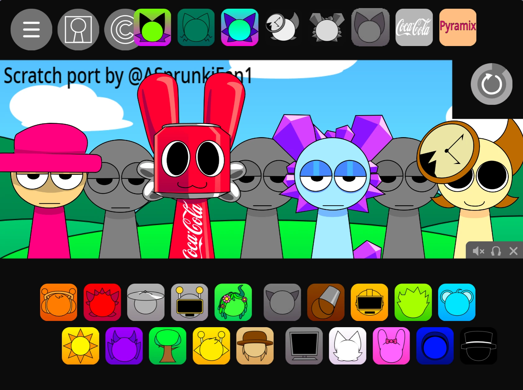 Sprunki Pyramixed 0.9 sound mixing interface with multiple characters