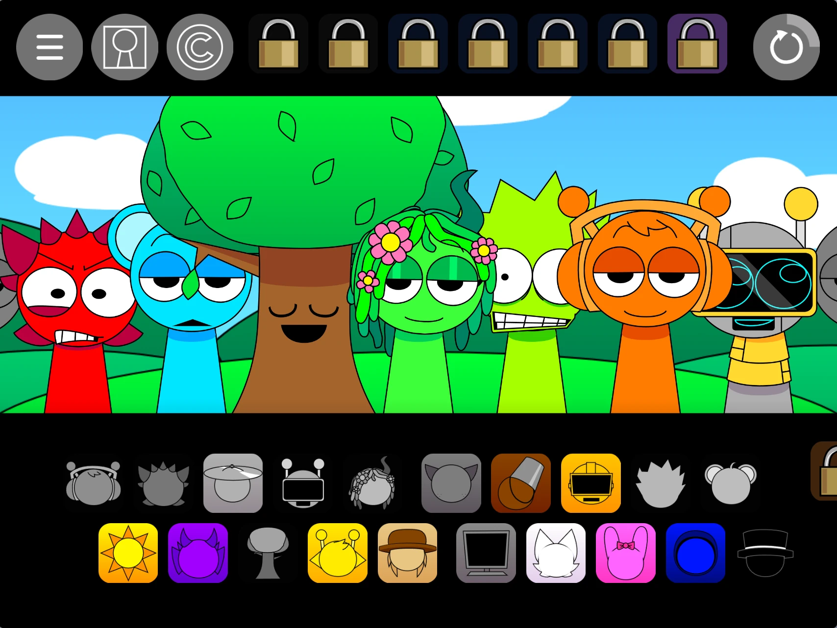 Sprunki Pyramixed OCs character selection and sound options