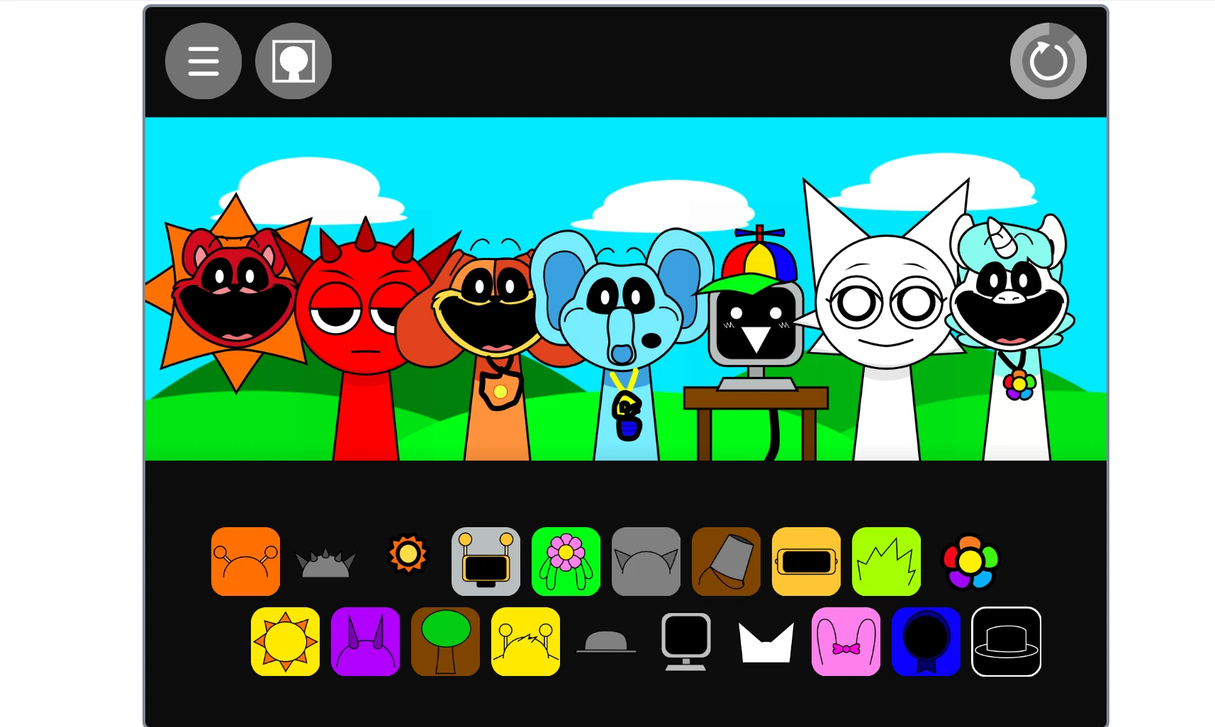 Sprunki Smiling Critters sound selection with colorful icons