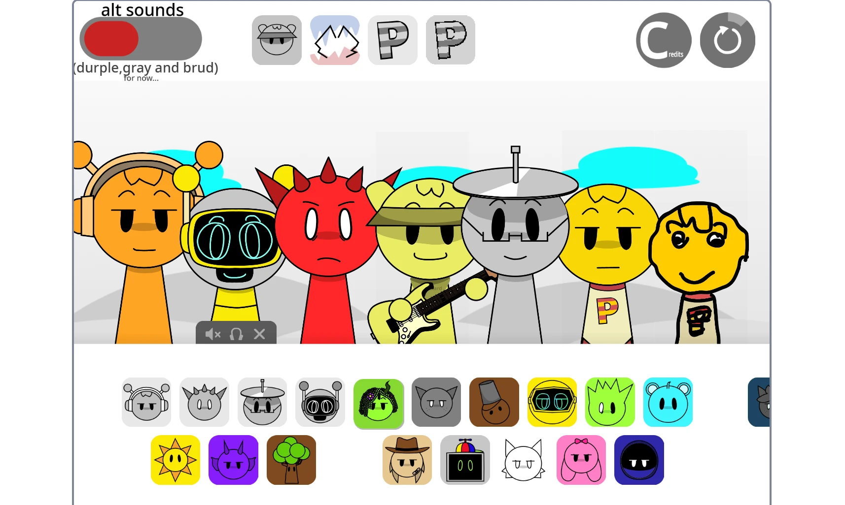 Sprunki Super Tunes character selection and sound mixing interface