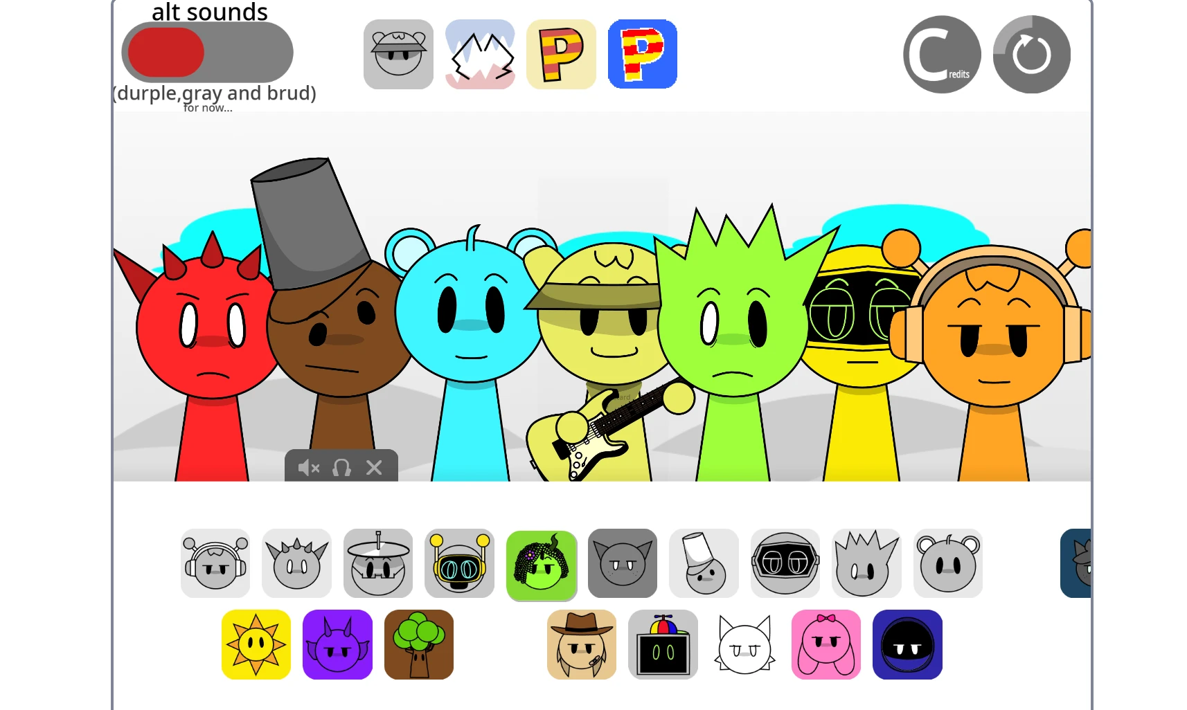 Sprunki Super Tunes showing multiple character combinations and sound layers