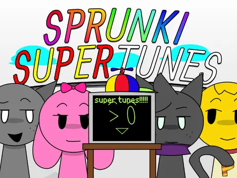Sprunki Super Tunes music rhythm game logo featuring colorful characters