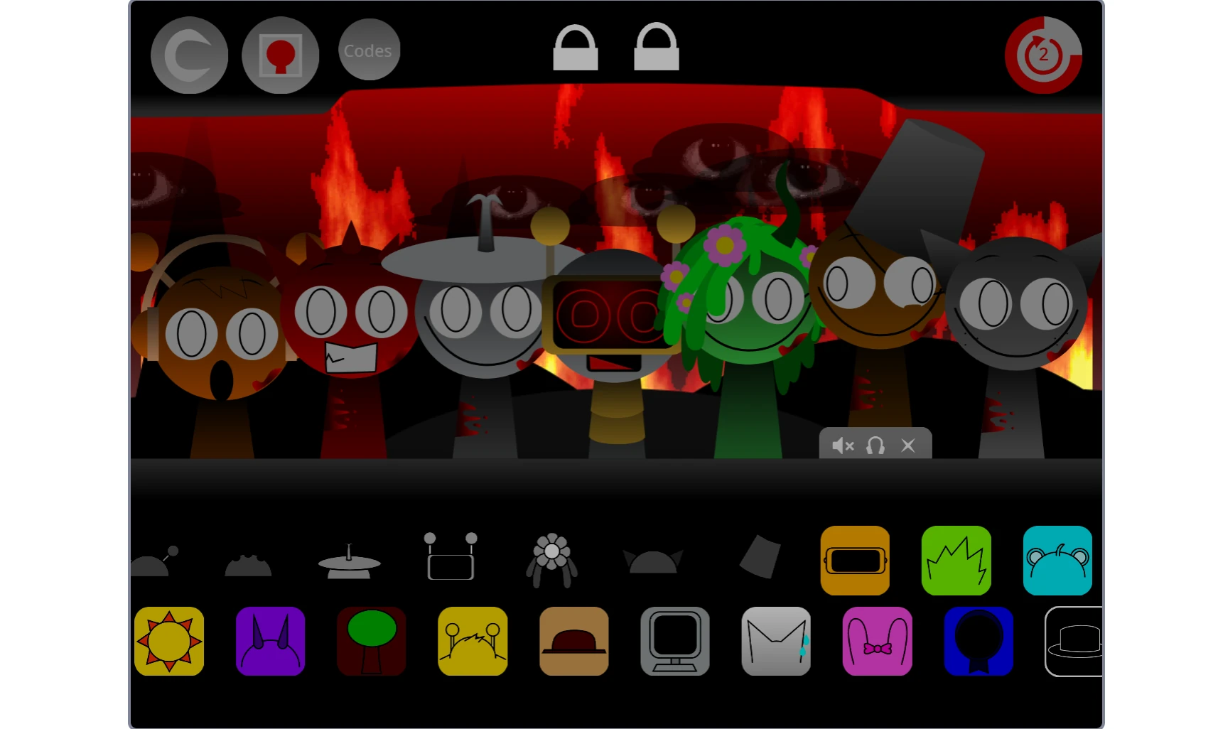 Sprunki Wenda character with sound selection menu and options