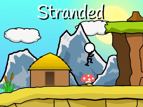 Stranded platformer logo with stick figure on island and scrolling background