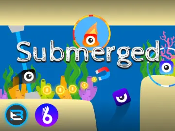 Submerged underwater platformer game logo with coral and character art