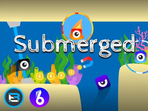 Submerged underwater scrolling platformer collab logo with ocean and cave themes