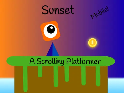 Sunset scrolling platformer logo cover featuring orange sky, clouds, and mountain parallax