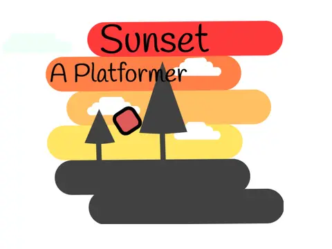 Sunset platformer logo cover featuring grayscale evening landscape and character art by Deeki