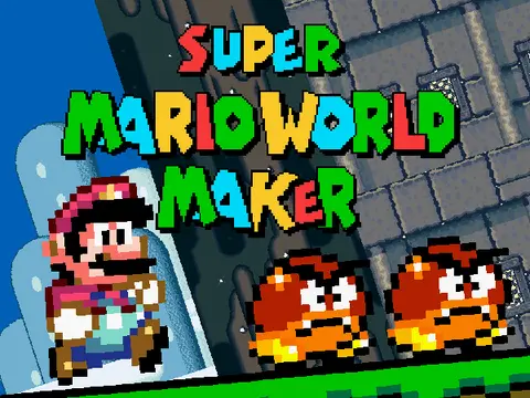Super Mario World Maker scrolling platformer creator logo cover with castle and overworld tiles