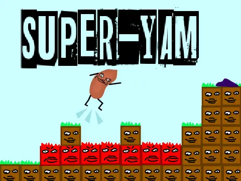 Super Yam platformer logo featuring yam character with red and orange level elements