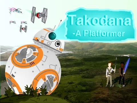 Takodana - A Platformer title logo featuring Rey, Finn and BB-8 against Takodana backdrop